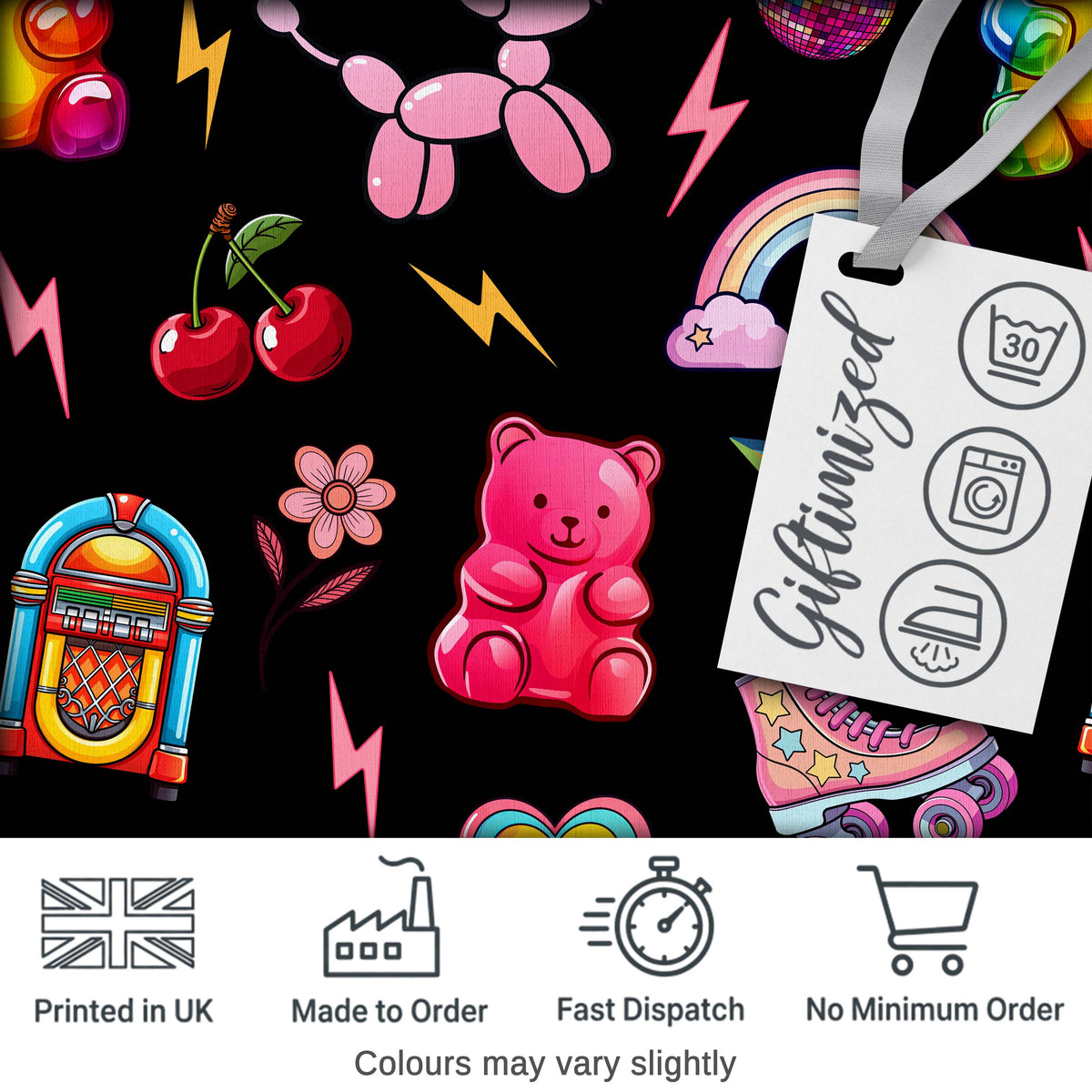 Gummy Bear Rainbow Roller Skate Deep Black Background Seamless Pattern Digital Print Fabric by the Metre UK Sewing Quilting Textile