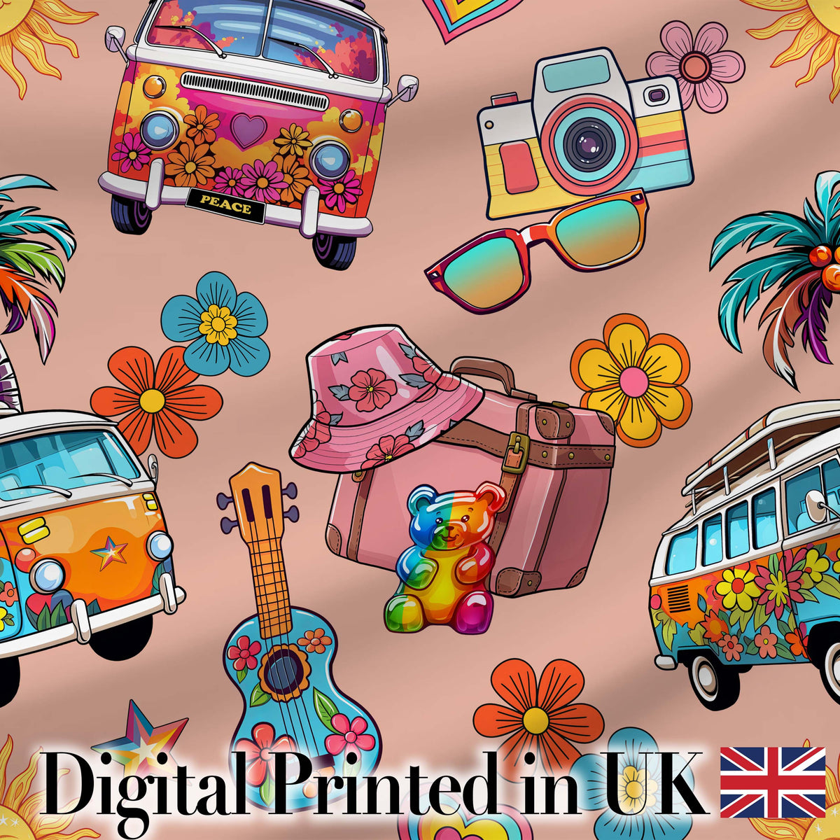 Hippie Van Camera Guitar Floral Travel Peach Background Seamless Pattern Digital Print Fabric by the Metre UK Sewing Quilting Textile