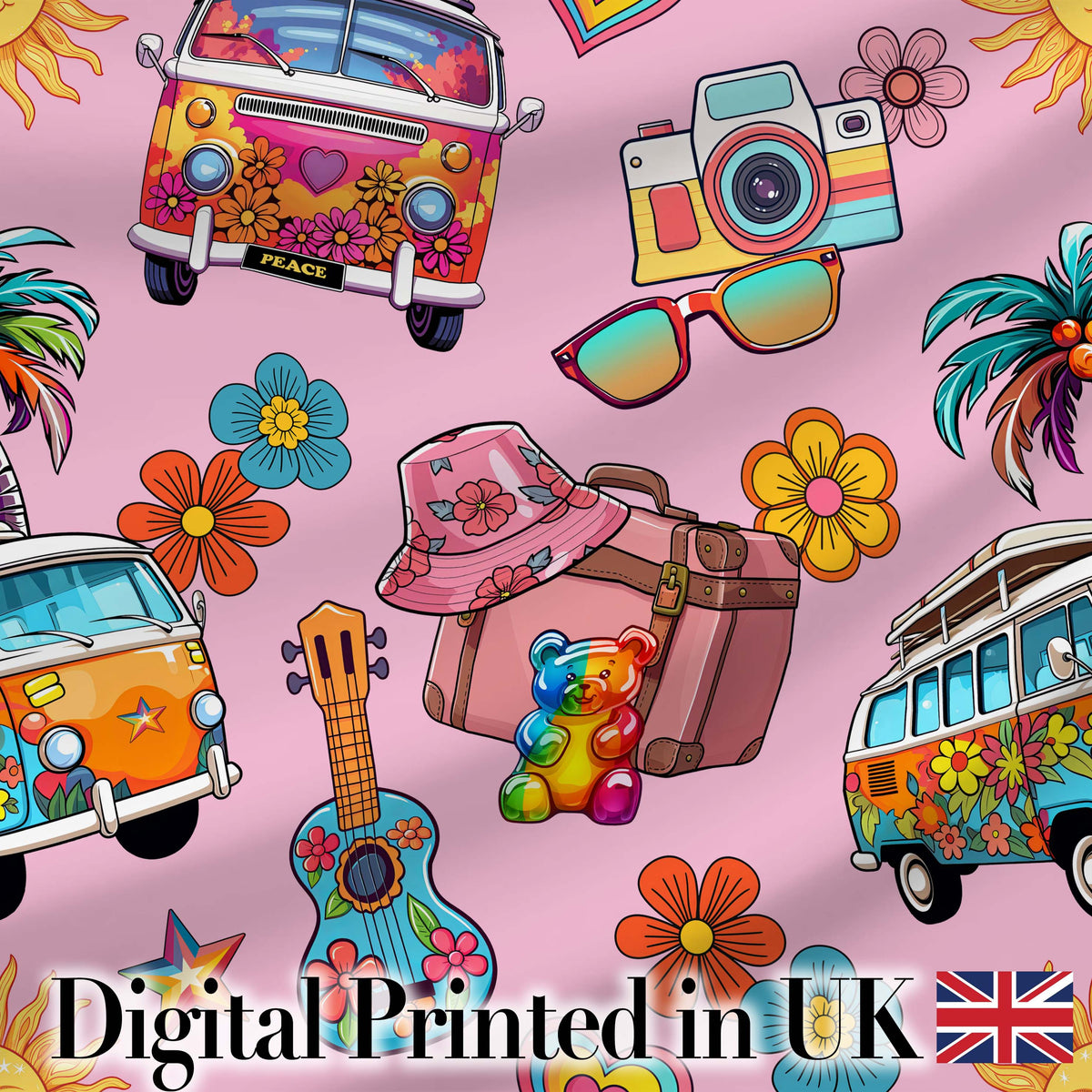 Hippie Van Guitar Floral Travel Soft Pink Background Seamless Pattern Digital Print Fabric by the Metre UK Sewing Quilting Textile