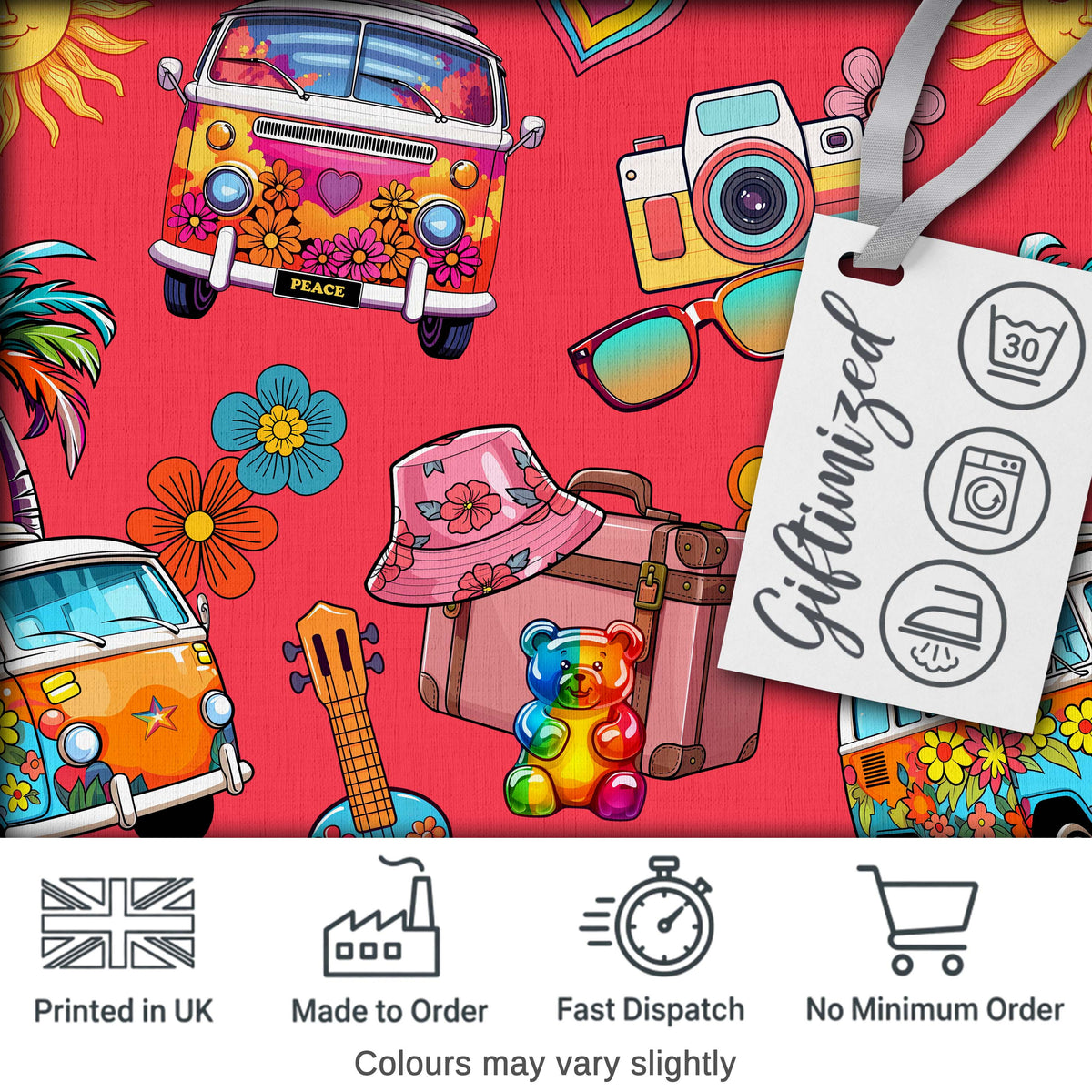 Hippie Van Camera Guitar Floral Travel Red Background Seamless Pattern Digital Print Fabric by the Metre UK Sewing Quilting Textile
