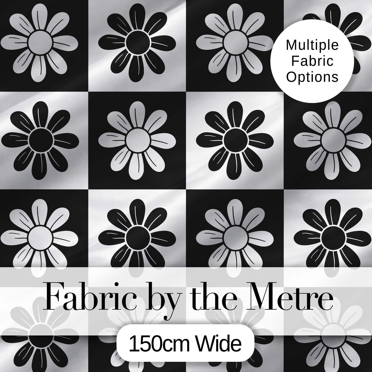Daisy Flower Checkerboard Black White Seamless Pattern Digital Print Fabric by the Metre UK Sewing Quilting Textile