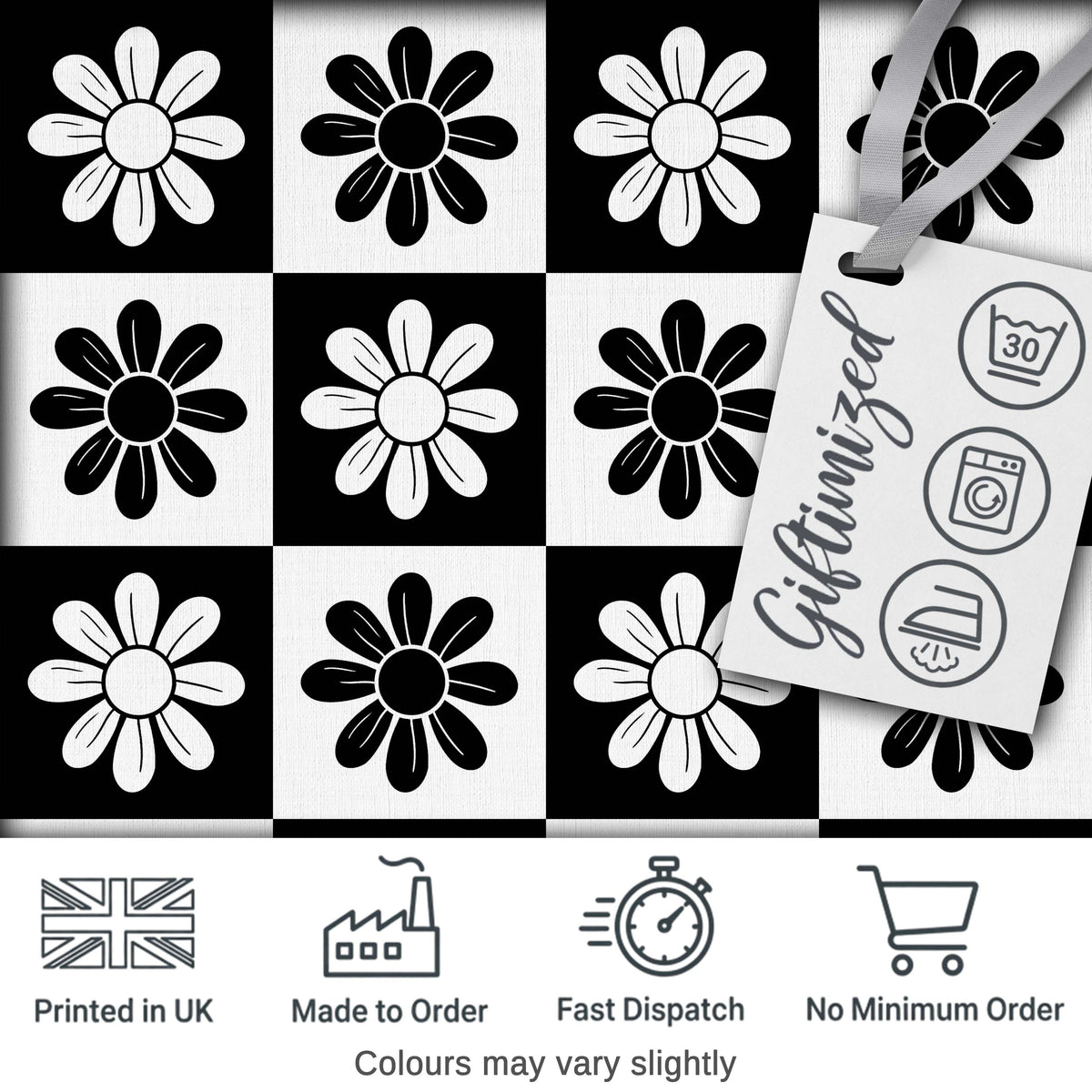 Daisy Flower Checkerboard Black White Seamless Pattern Digital Print Fabric by the Metre UK Sewing Quilting Textile