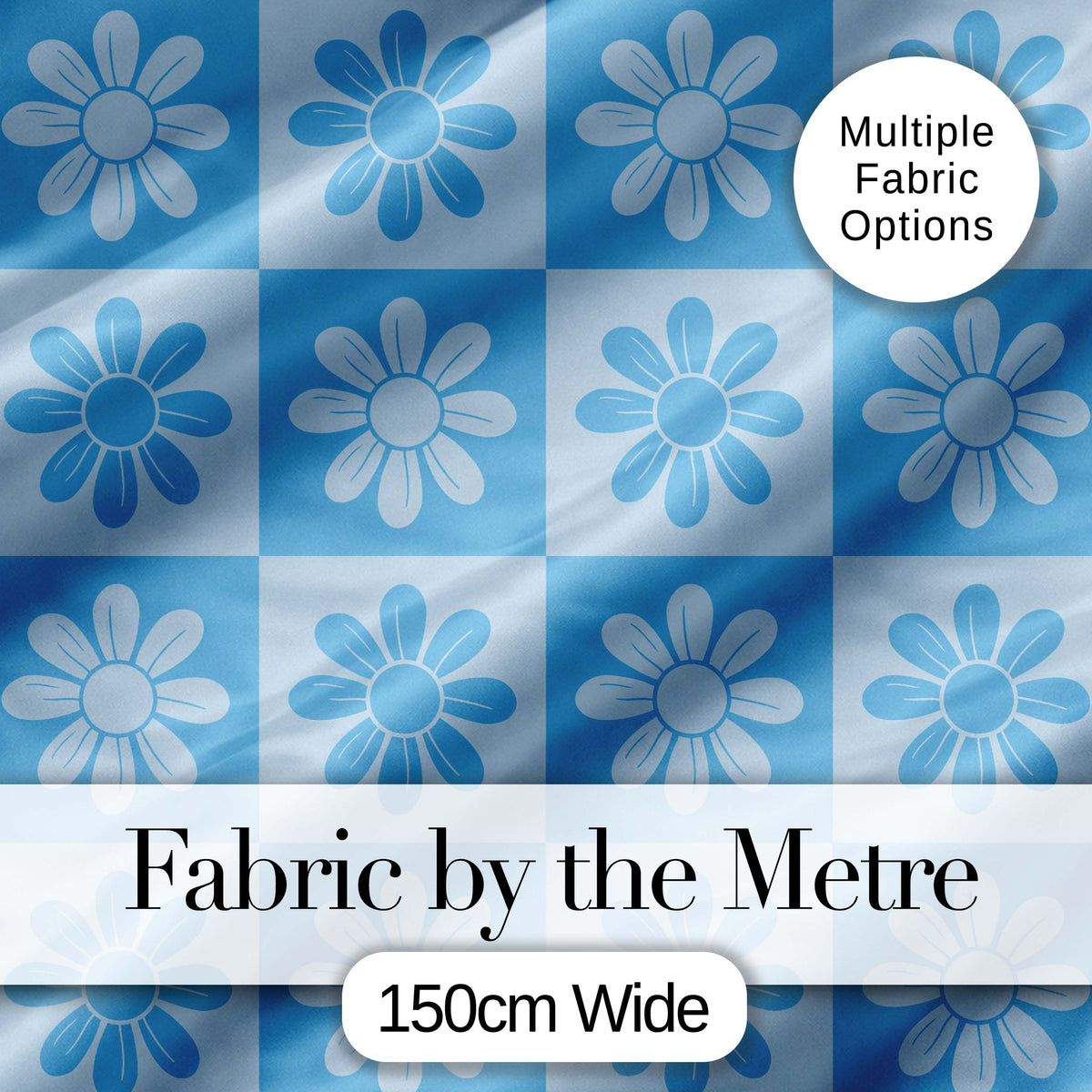 Daisy Flower Checkerboard Soft Blue Seamless Pattern Digital Print Fabric by the Metre UK Sewing Quilting Textile