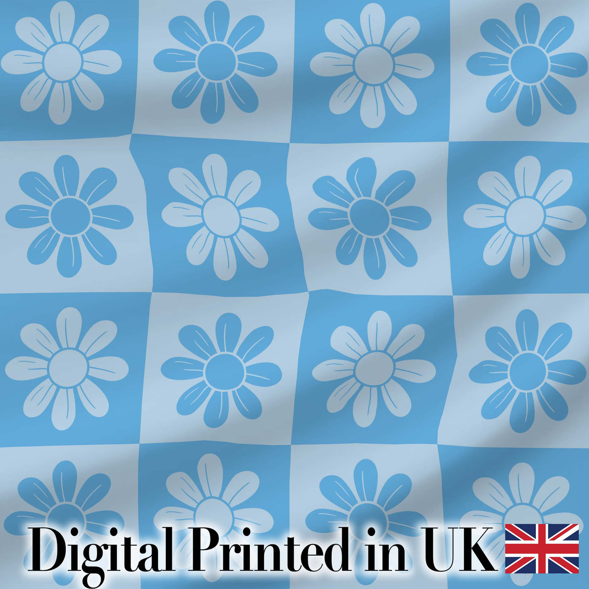 Daisy Flower Checkerboard Soft Blue Seamless Pattern Digital Print Fabric by the Metre UK Sewing Quilting Textile