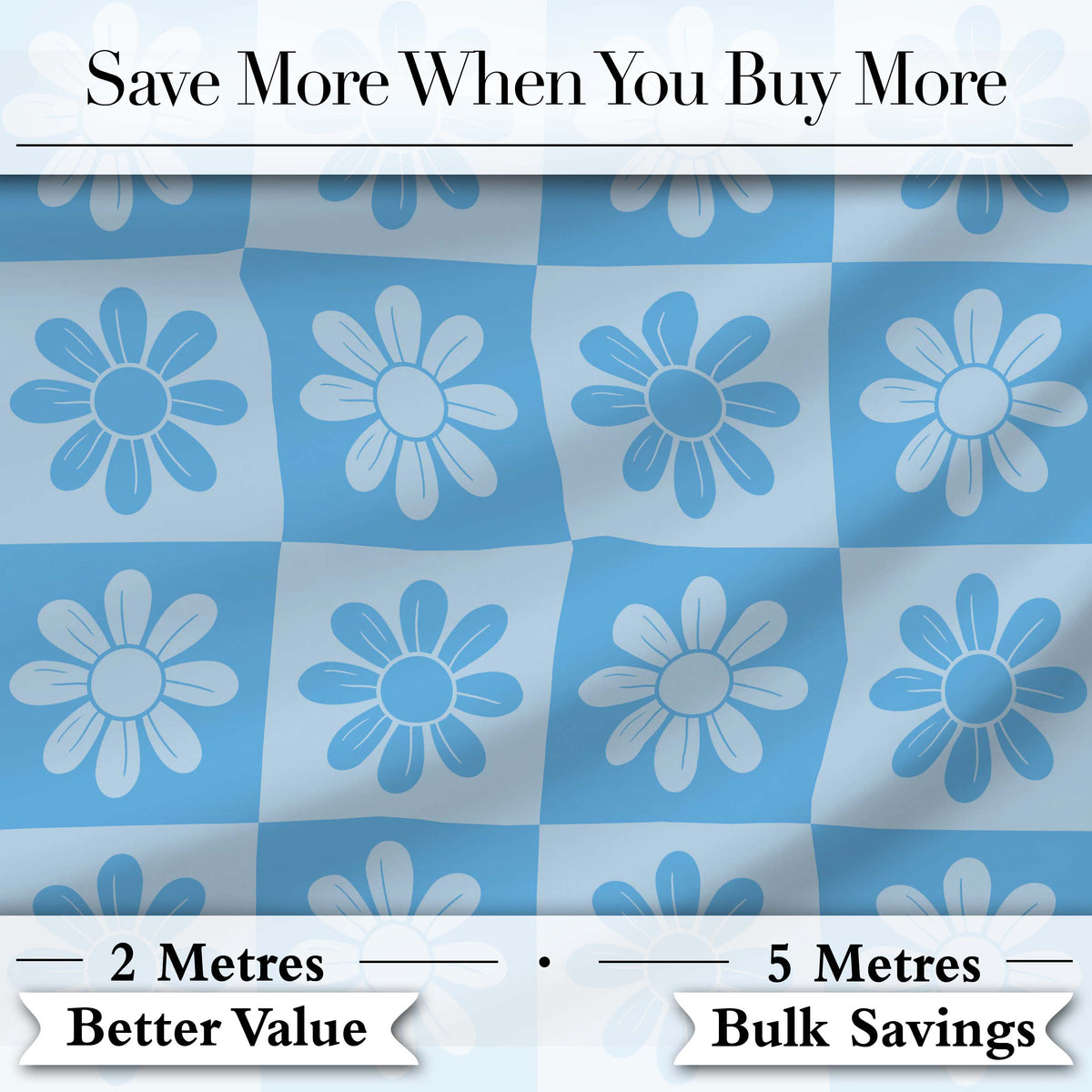Daisy Flower Checkerboard Soft Blue Seamless Pattern Digital Print Fabric by the Metre UK Sewing Quilting Textile
