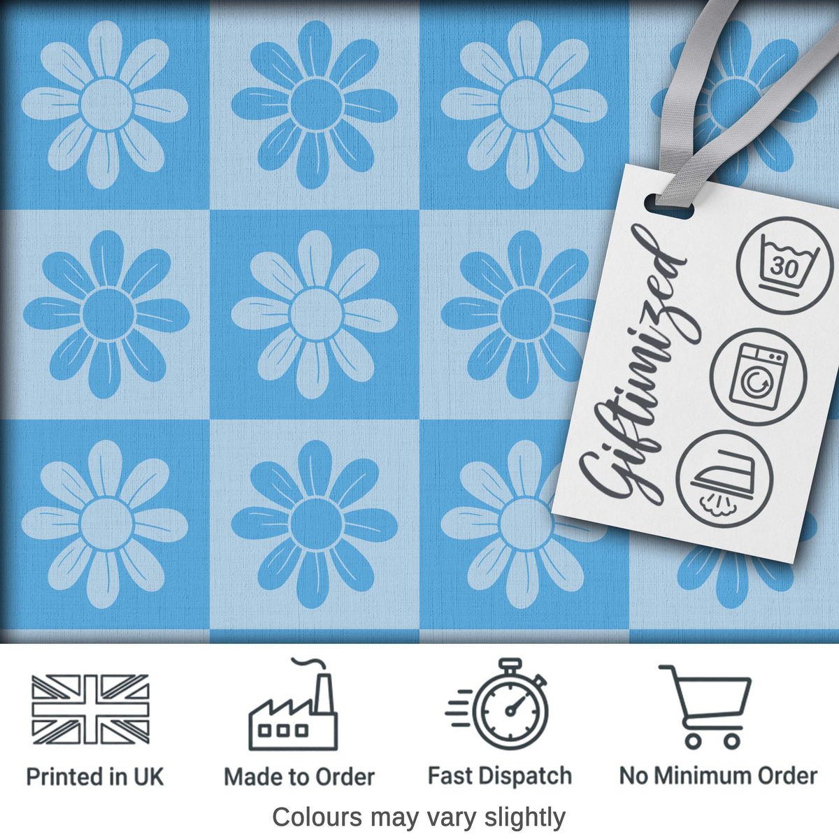 Daisy Flower Checkerboard Soft Blue Seamless Pattern Digital Print Fabric by the Metre UK Sewing Quilting Textile