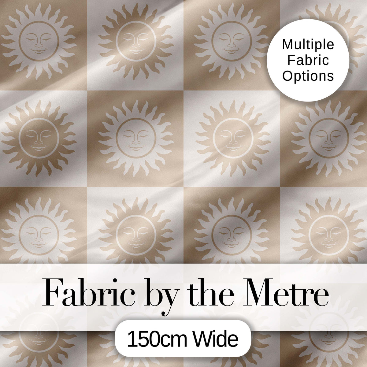 Sun Face Checkerboard Beige Cream Seamless Pattern Digital Print Fabric by the Metre UK Sewing Quilting Textile