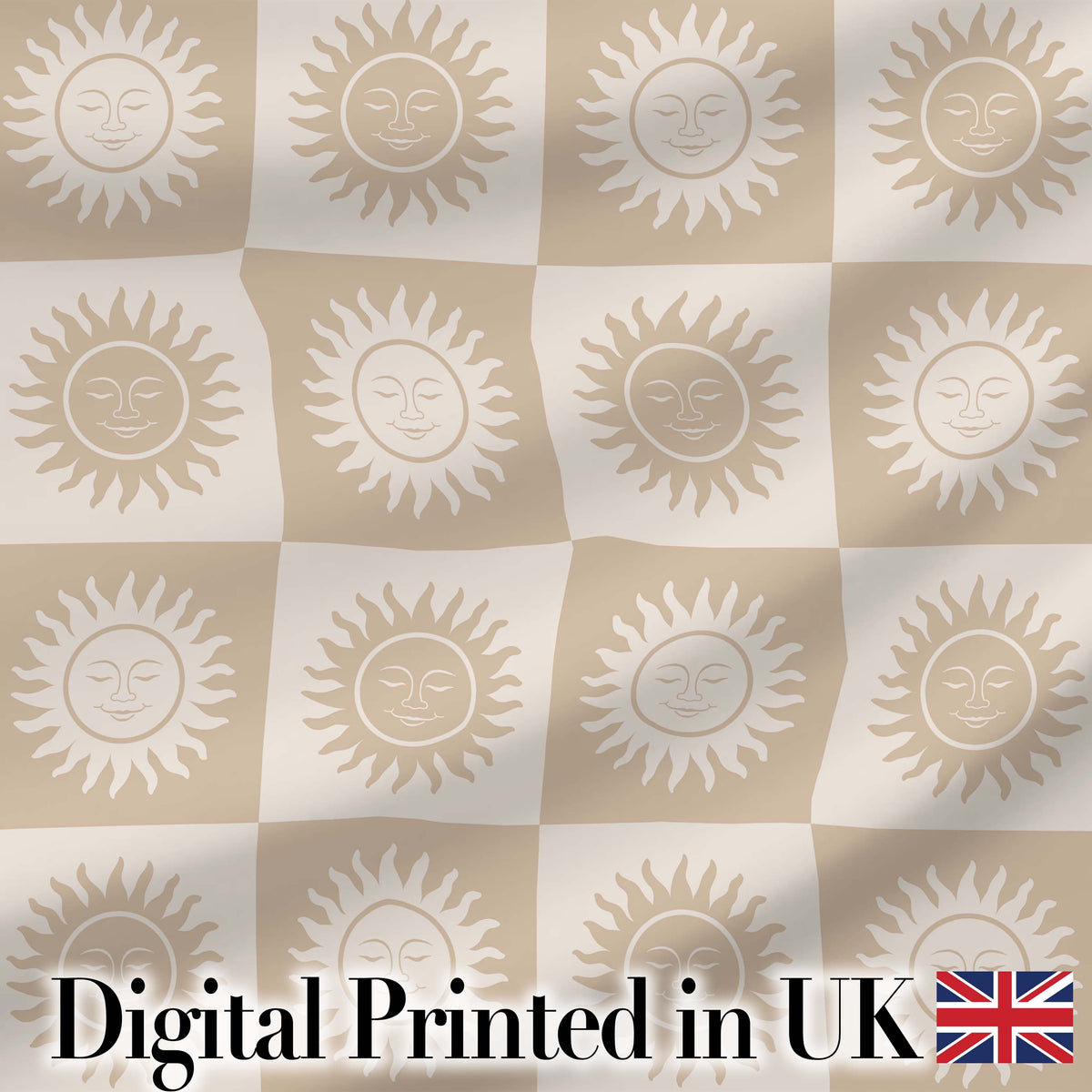 Sun Face Checkerboard Beige Cream Seamless Pattern Digital Print Fabric by the Metre UK Sewing Quilting Textile