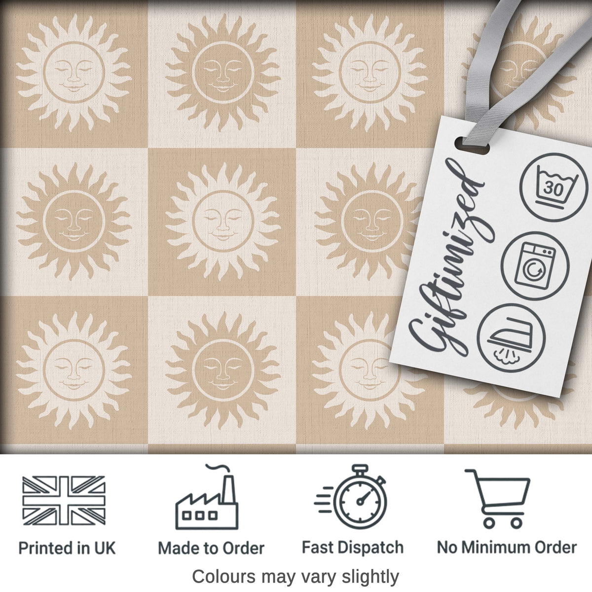 Sun Face Checkerboard Beige Cream Seamless Pattern Digital Print Fabric by the Metre UK Sewing Quilting Textile