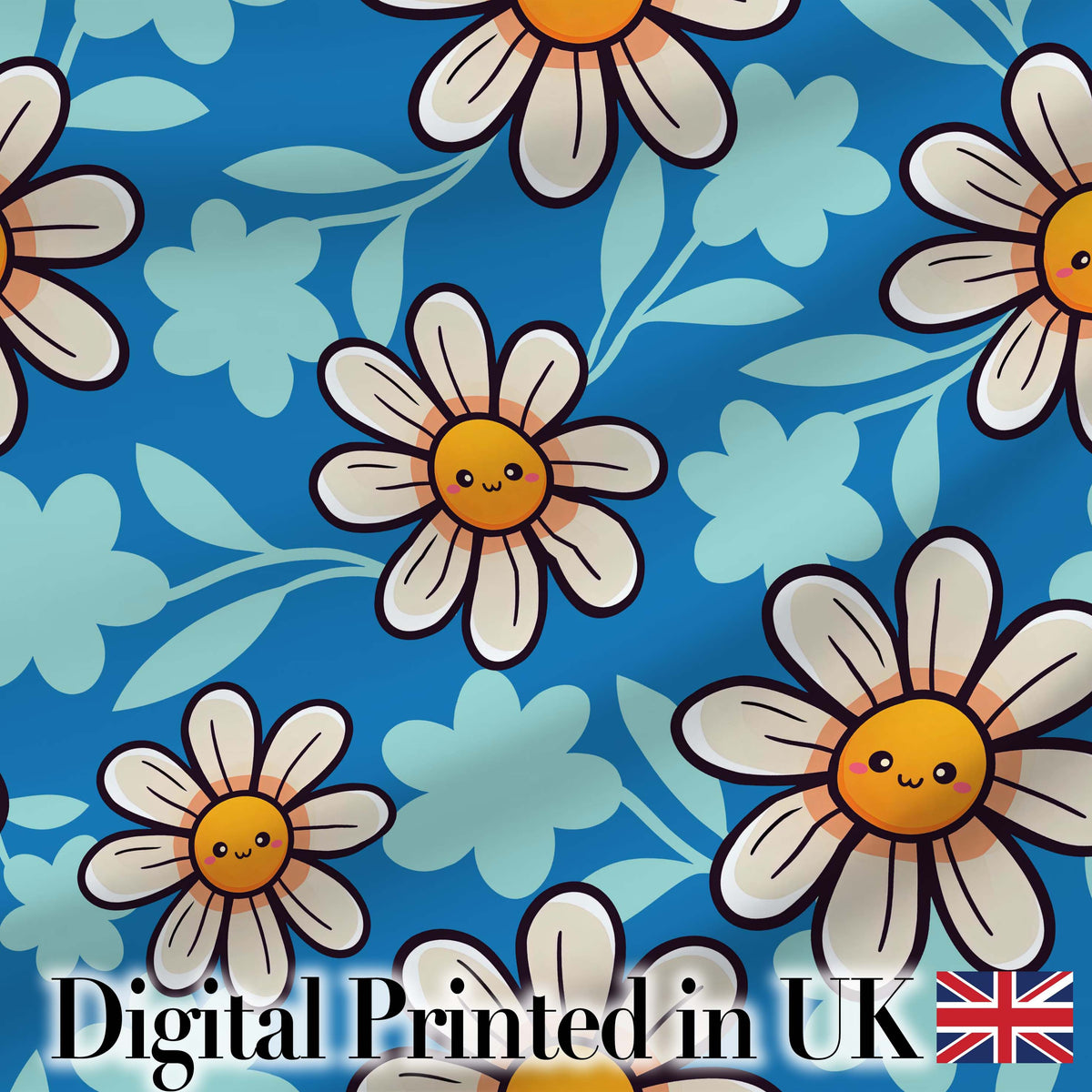 Cute Kawaii Daisy Flowers on Deep Blue Background Seamless Pattern Digital Print Fabric by the Metre UK Sewing Quilting Textile