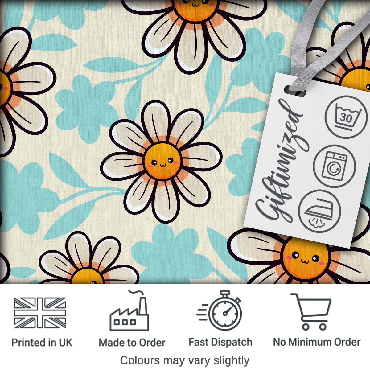 Cute Kawaii Daisy Flowers with Beige Background Seamless Pattern Digital Print Fabric by the Metre UK Sewing Quilting Textile