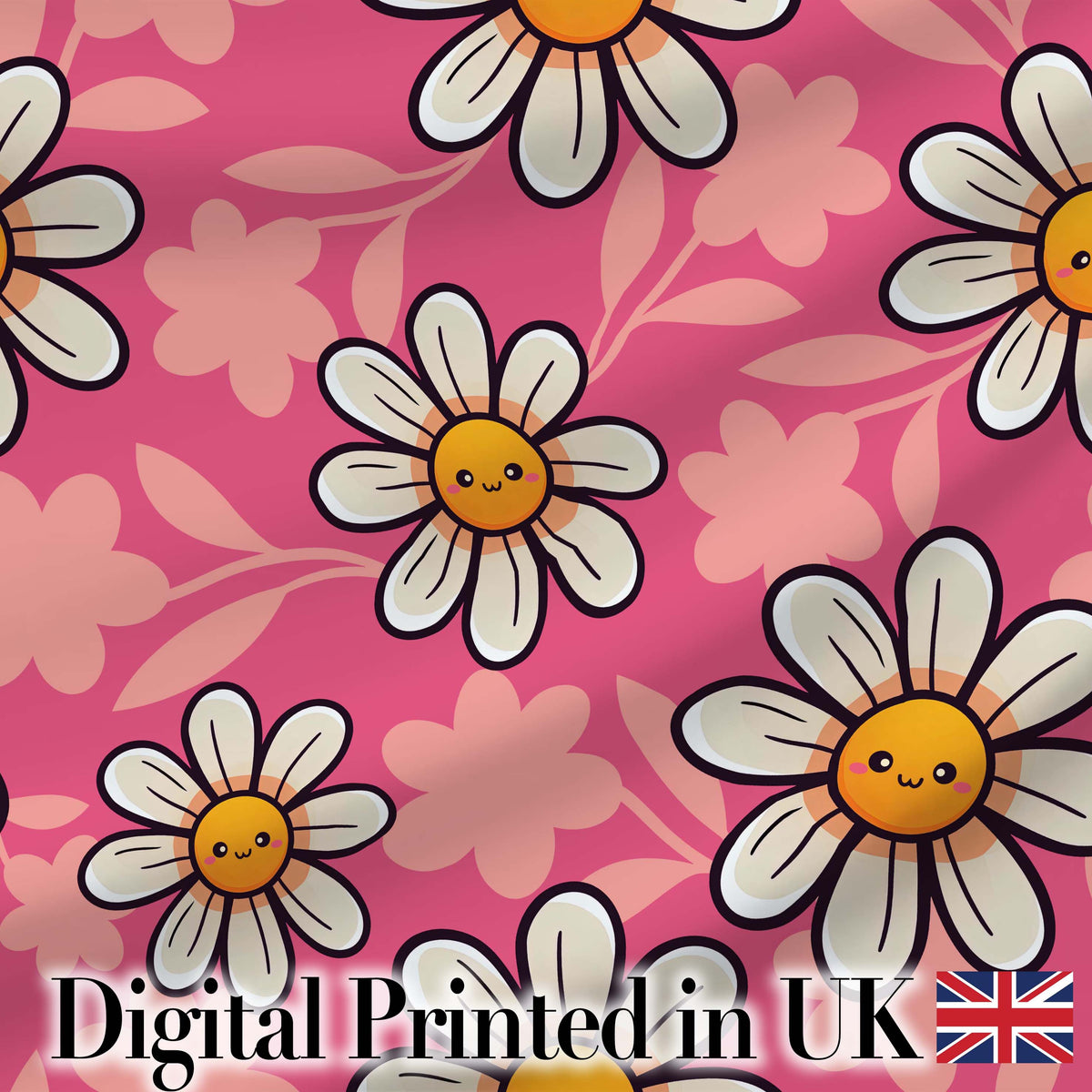 Cute Kawaii Daisy Flowers on Pink Background Seamless Pattern Digital Print Fabric by the Metre UK Sewing Quilting Textile