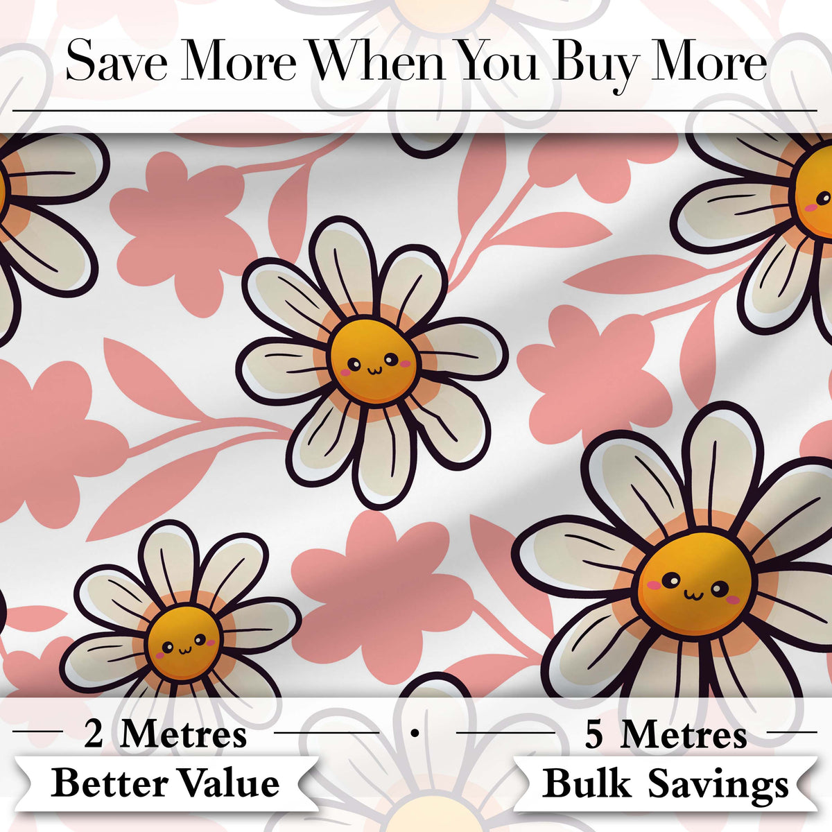 Cute Kawaii Daisy Flowers with White Background Seamless Pattern Digital Print Fabric by the Metre UK Sewing Quilting Textile