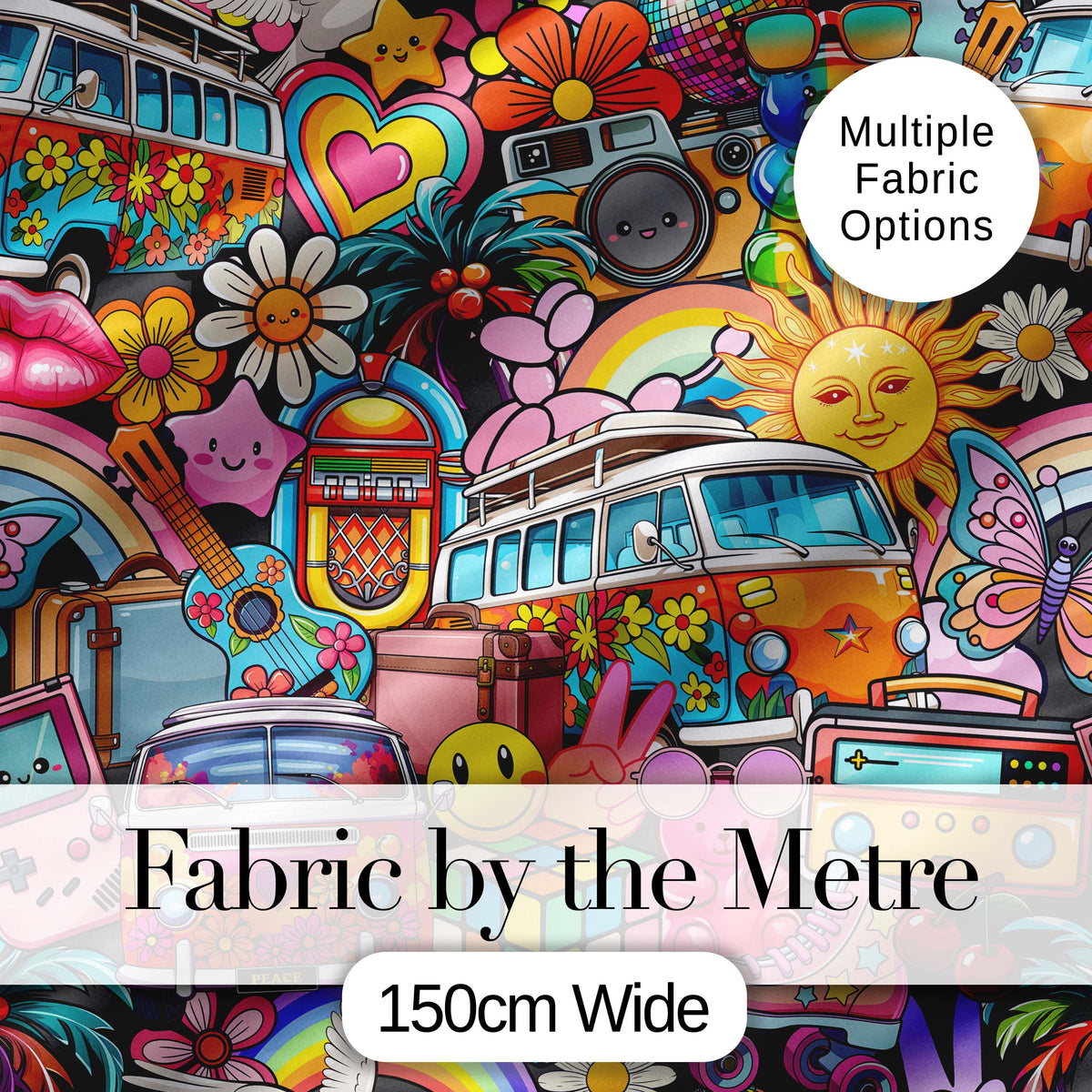 Cute Hippie Van Rainbow Toys Collage Blue Background Seamless Pattern Digital Print Fabric by the Metre UK Sewing Quilting Textile
