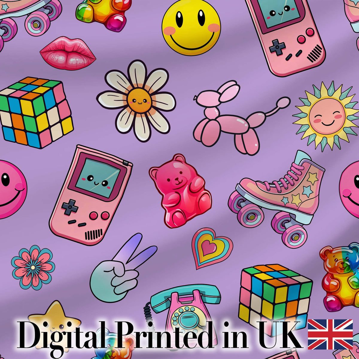 Toys Smiley Roller Skate Purple Background Seamless Pattern Digital Print Fabric by the Metre UK Sewing Quilting Textile