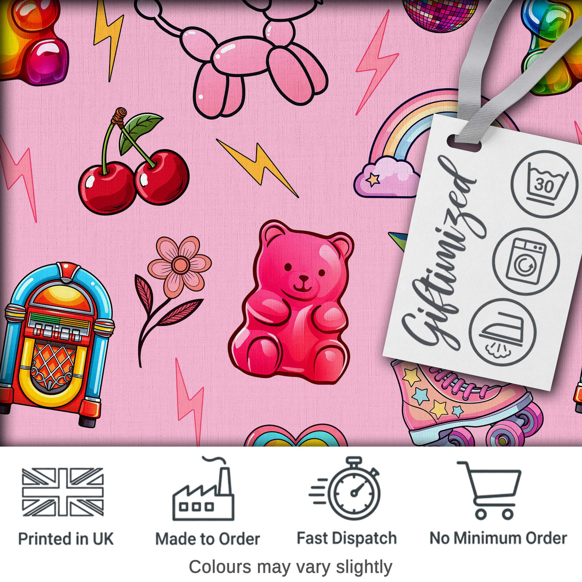 Gummy Bear Cherry Rainbow Roller Skate Light Pink Background Seamless Digital Print Fabric by the Metre UK Sewing Quilting Textile