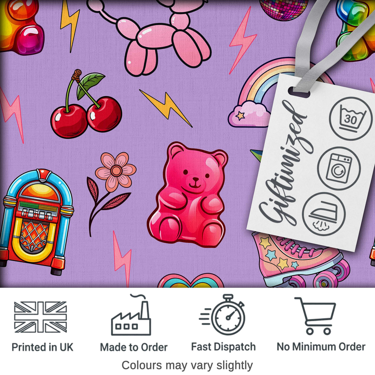 Cute Kawaii Gummy Bear Cherry Rainbow Roller Skate Purple Background Seamless Digital Print Fabric by the Metre UK Sewing Quilting Textile