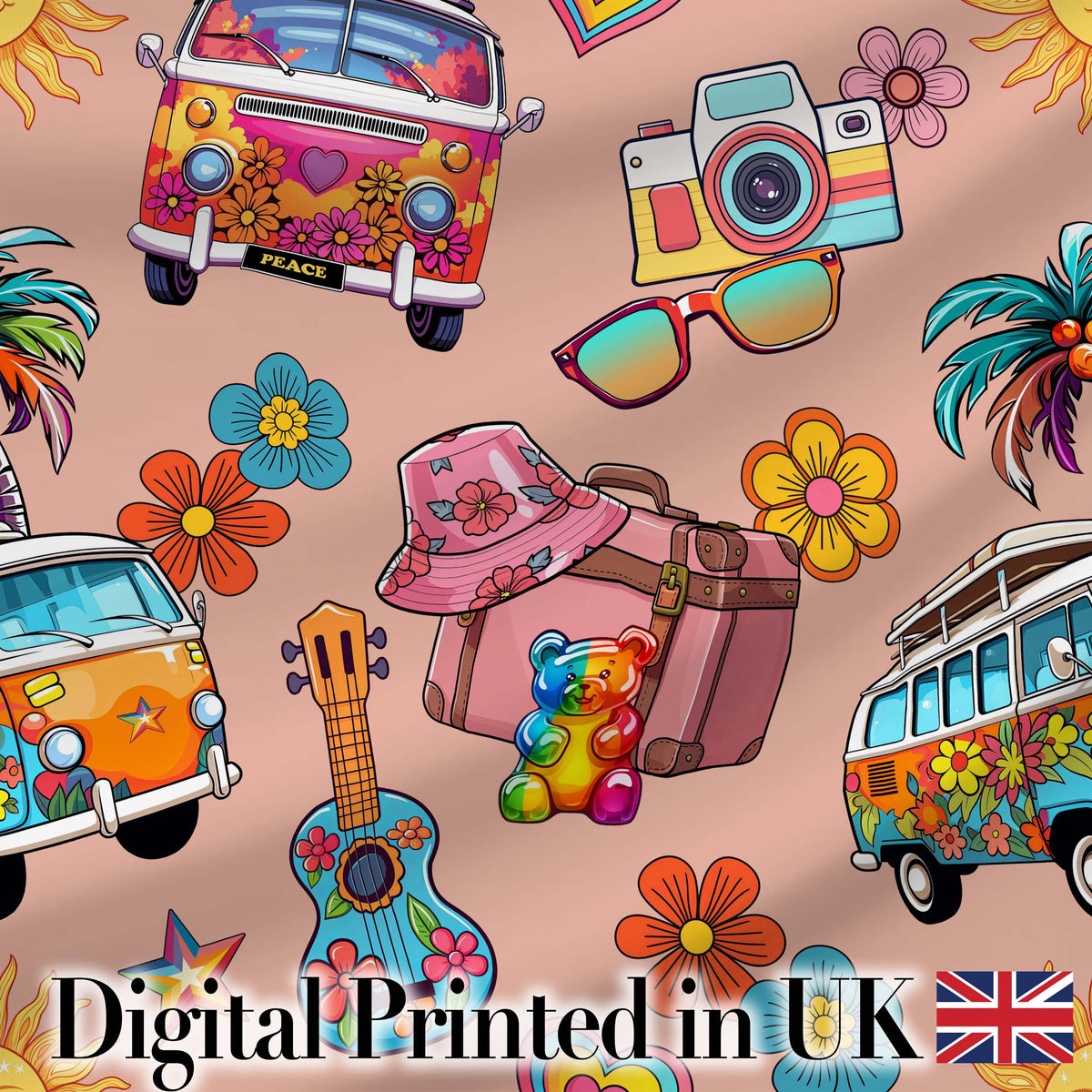 Hippie Vans Camera Guitar Floral Peach Background Seamless Digital Print Fabric by the Metre UK Sewing Quilting Textile