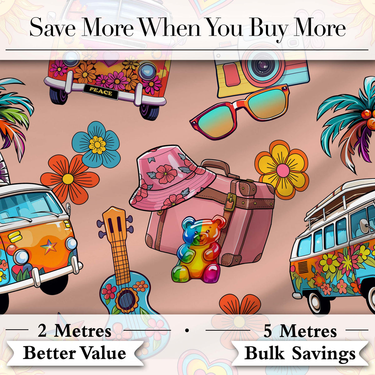 Hippie Vans Camera Guitar Floral Peach Background Seamless Digital Print Fabric by the Metre UK Sewing Quilting Textile