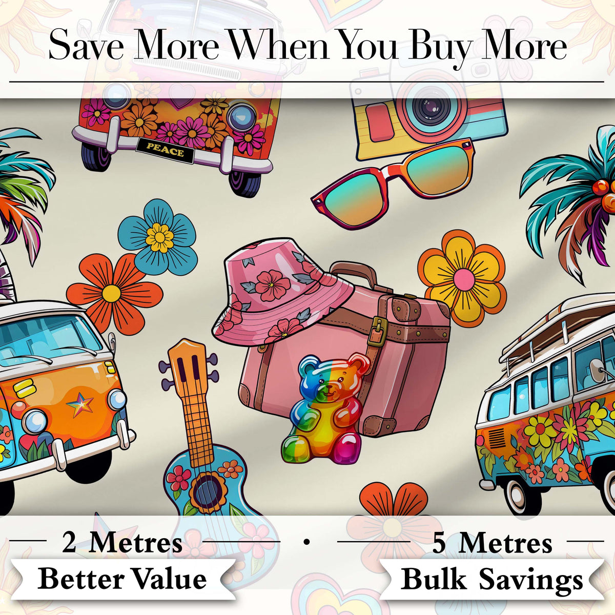 Hippie Van Camera Guitar Floral Travel Beige Background Seamless Digital Print Fabric by the Metre UK Sewing Quilting Textile