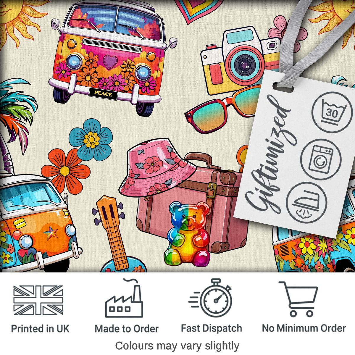 Hippie Van Camera Guitar Floral Travel Beige Background Seamless Digital Print Fabric by the Metre UK Sewing Quilting Textile