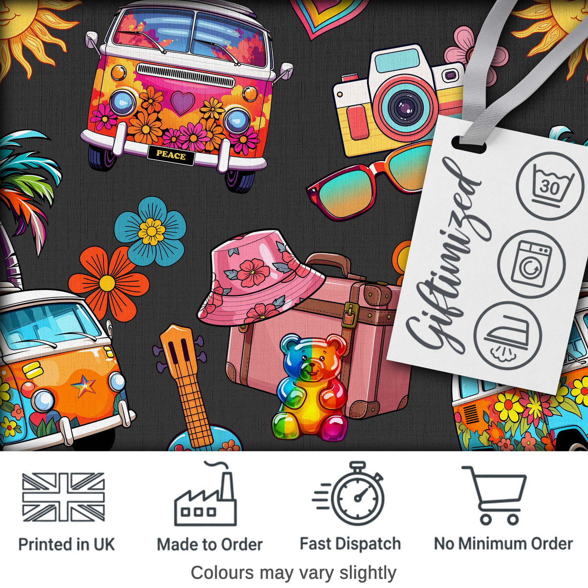 Hippie Van Camera Guitar Floral Travel Black Background Seamless Digital Print Fabric by the Metre UK Sewing Quilting Textile
