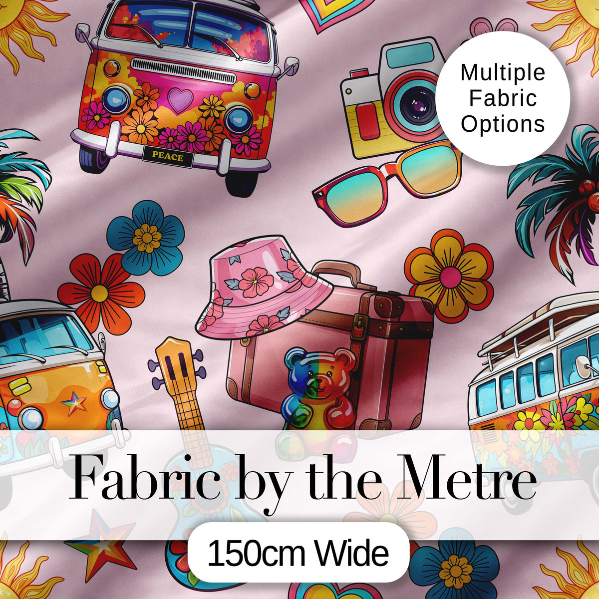 Hippie Van Camera Guitar Floral Travel Light Pink Background Seamless Digital Print Fabric by the Metre UK Sewing Quilting Textile