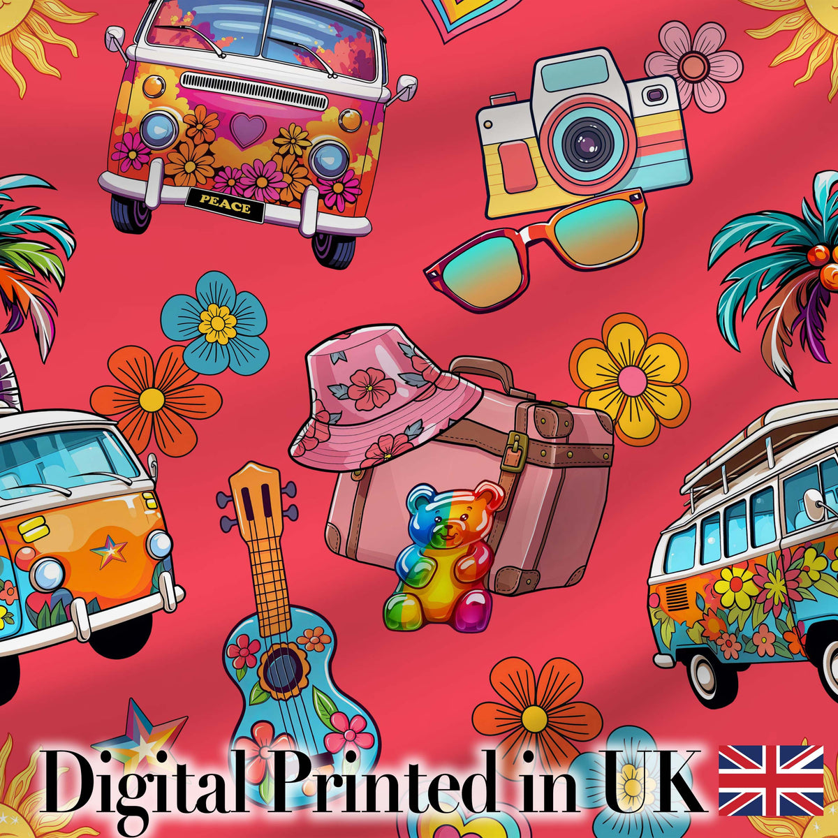 Hippie Van Camera Guitar Floral Travel Red Background Seamless Digital Print Fabric by the Metre UK Sewing Quilting Textile