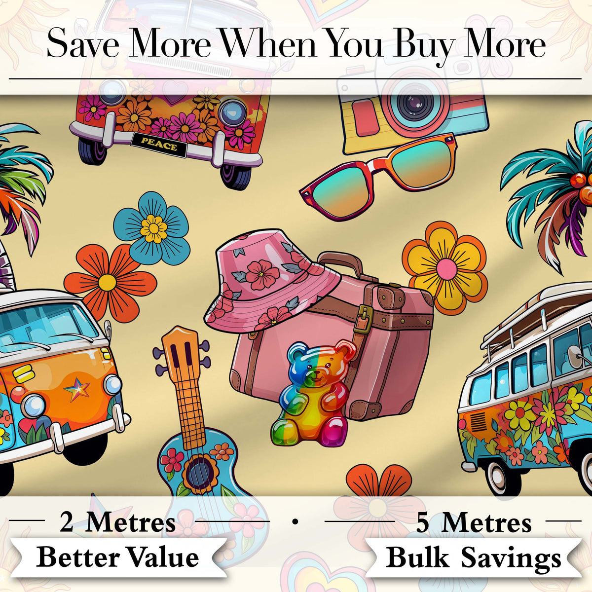 Hippie Van Camera Guitar Floral Travel Beige Background Seamless Digital Print Fabric by the Metre UK Sewing Quilting Textile