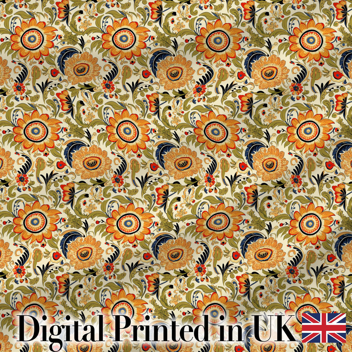 Detailed Vintage Orange Yellow Floral Seamless Pattern Classic Botanical Design Digital Print Fabric by the Metre UK Sewing Quilting Textile