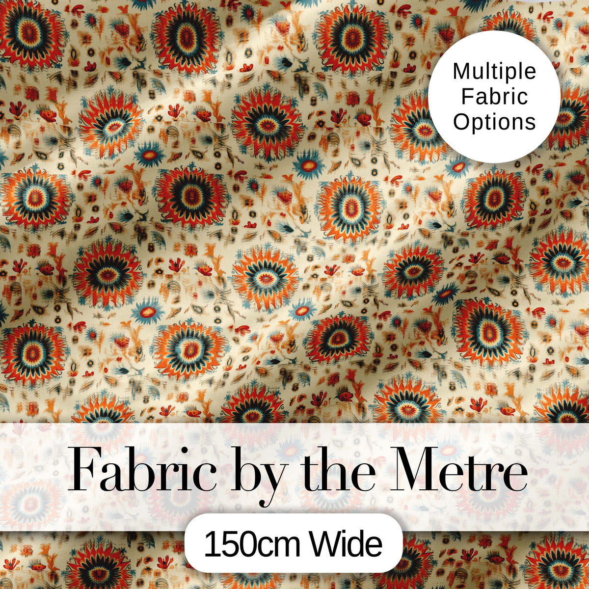 Bold Orange Teal Floral Medallion Seamless Pattern Folk Art Style Design Digital Print Fabric by the Metre UK Sewing Quilting Textile