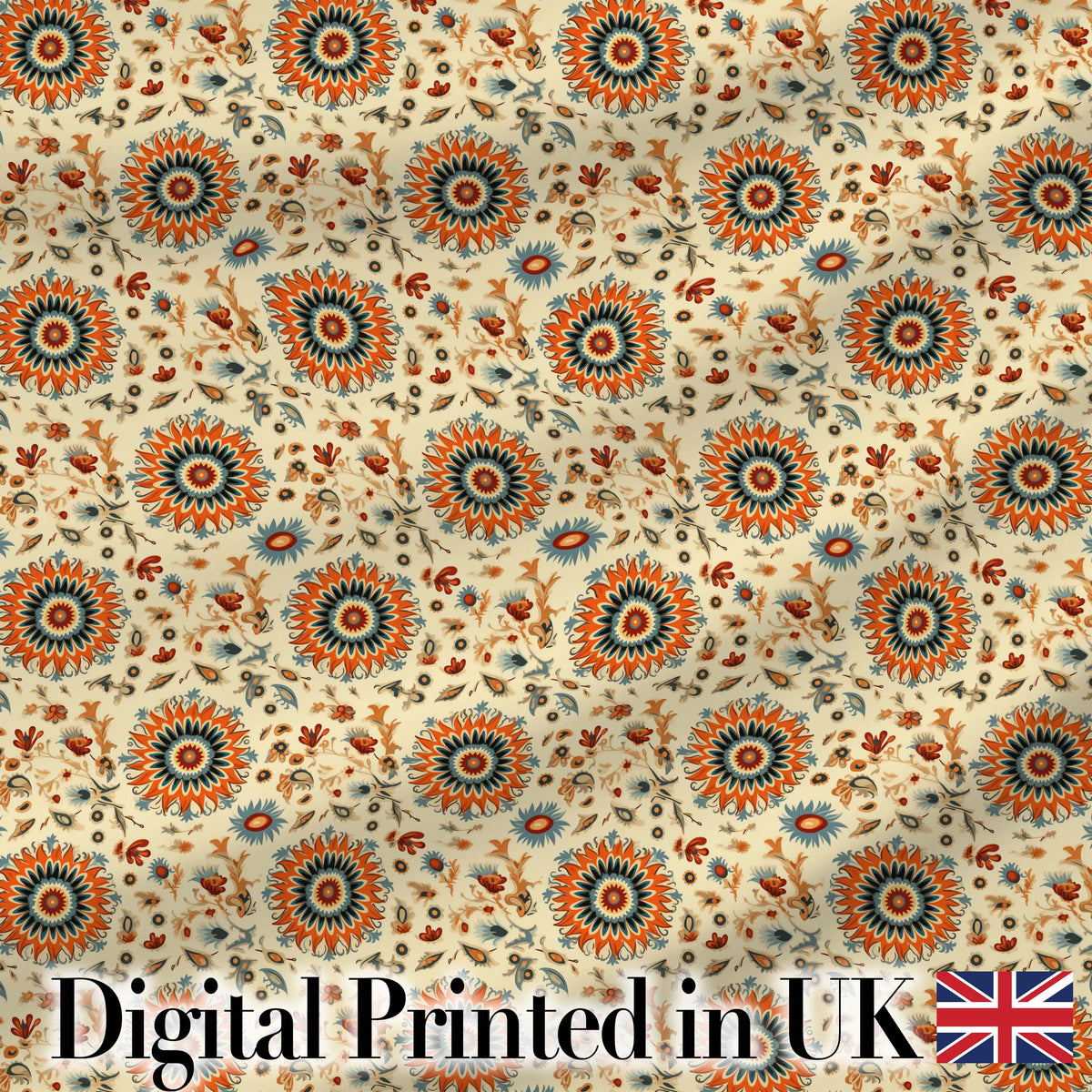 Bold Orange Teal Floral Medallion Seamless Pattern Folk Art Style Design Digital Print Fabric by the Metre UK Sewing Quilting Textile