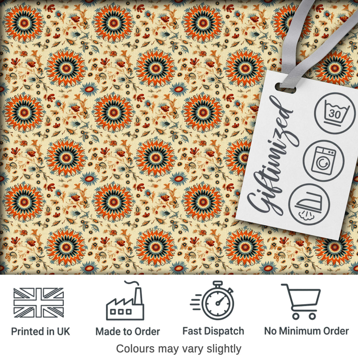 Bold Orange Teal Floral Medallion Seamless Pattern Folk Art Style Design Digital Print Fabric by the Metre UK Sewing Quilting Textile