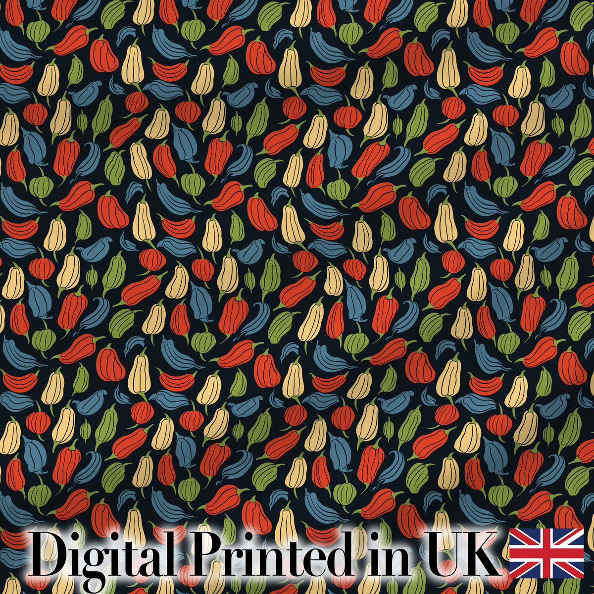Dark Background Pepper Seamless Pattern Vibrant Red Green Botanical Digital Print Fabric by the Metre UK Sewing Quilting Textile