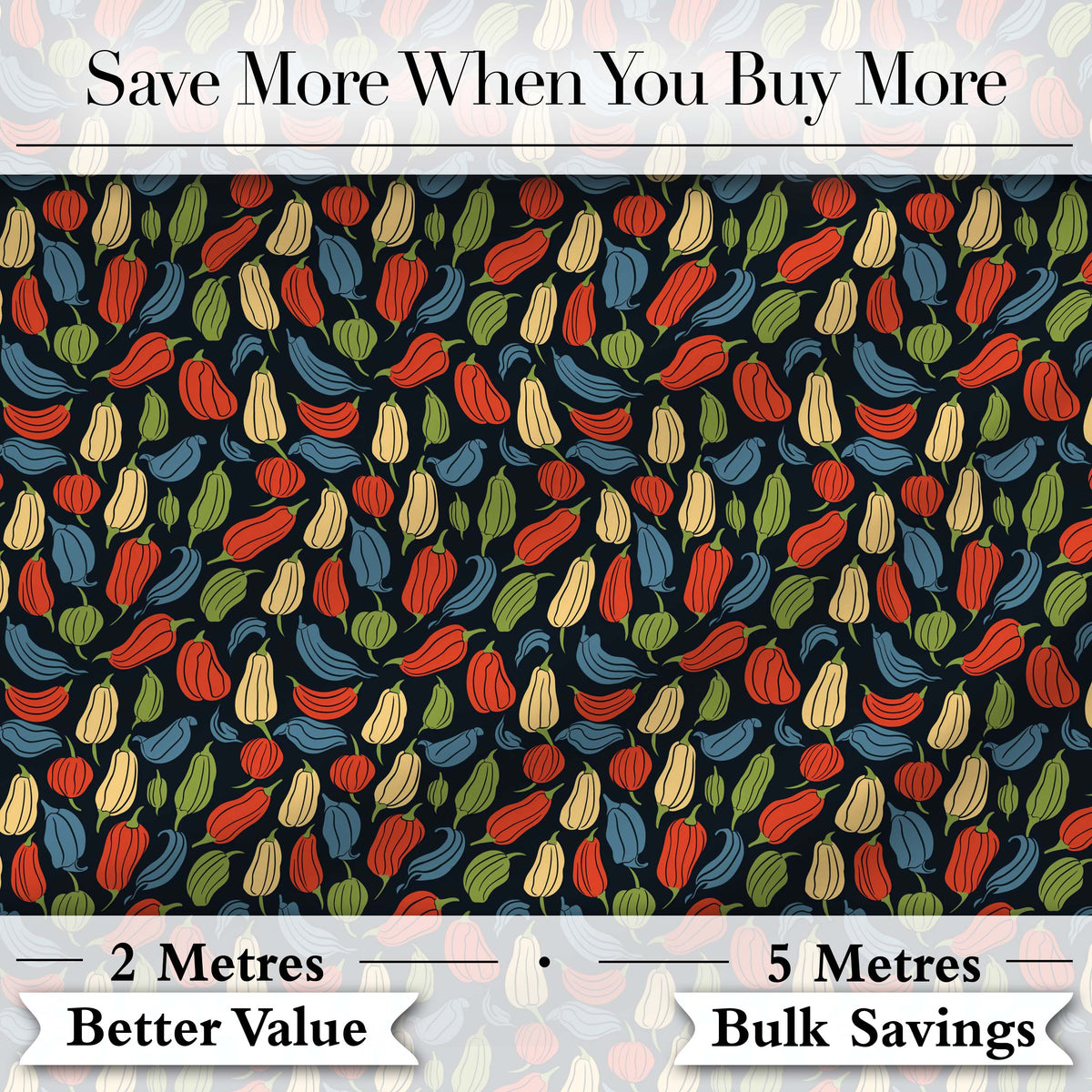 Dark Background Pepper Seamless Pattern Vibrant Red Green Botanical Digital Print Fabric by the Metre UK Sewing Quilting Textile