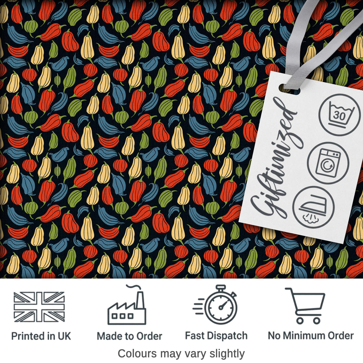 Dark Background Pepper Seamless Pattern Vibrant Red Green Botanical Digital Print Fabric by the Metre UK Sewing Quilting Textile