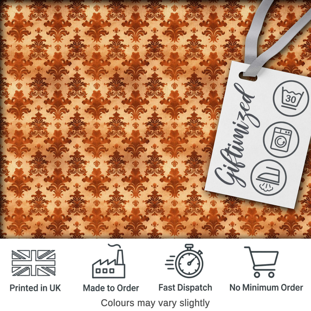 Rust Orange Damask Seamless Pattern Classic Ornamental Vintage Design Digital Print Fabric by the Metre UK Sewing Quilting Textile