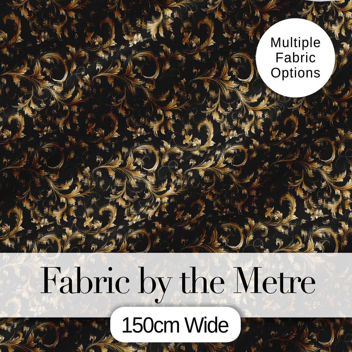 Black Gold Baroque Floral Seamless Pattern Luxury Ornamental Design Digital Print Fabric by the Metre UK Sewing Quilting Textile