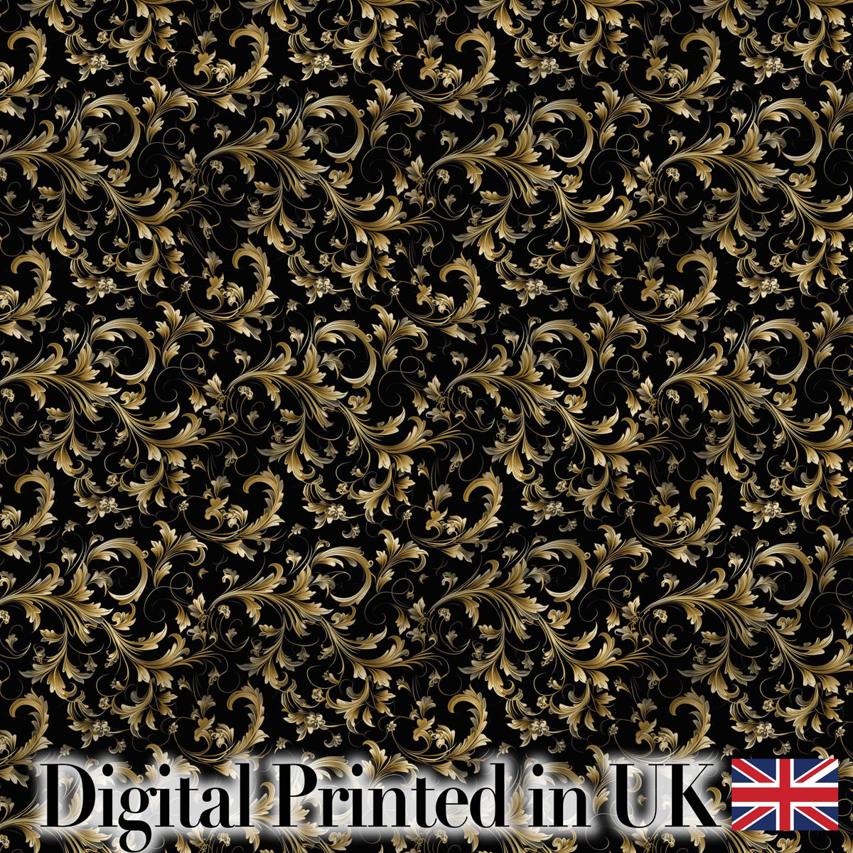 Black Gold Baroque Floral Seamless Pattern Luxury Ornamental Design Digital Print Fabric by the Metre UK Sewing Quilting Textile