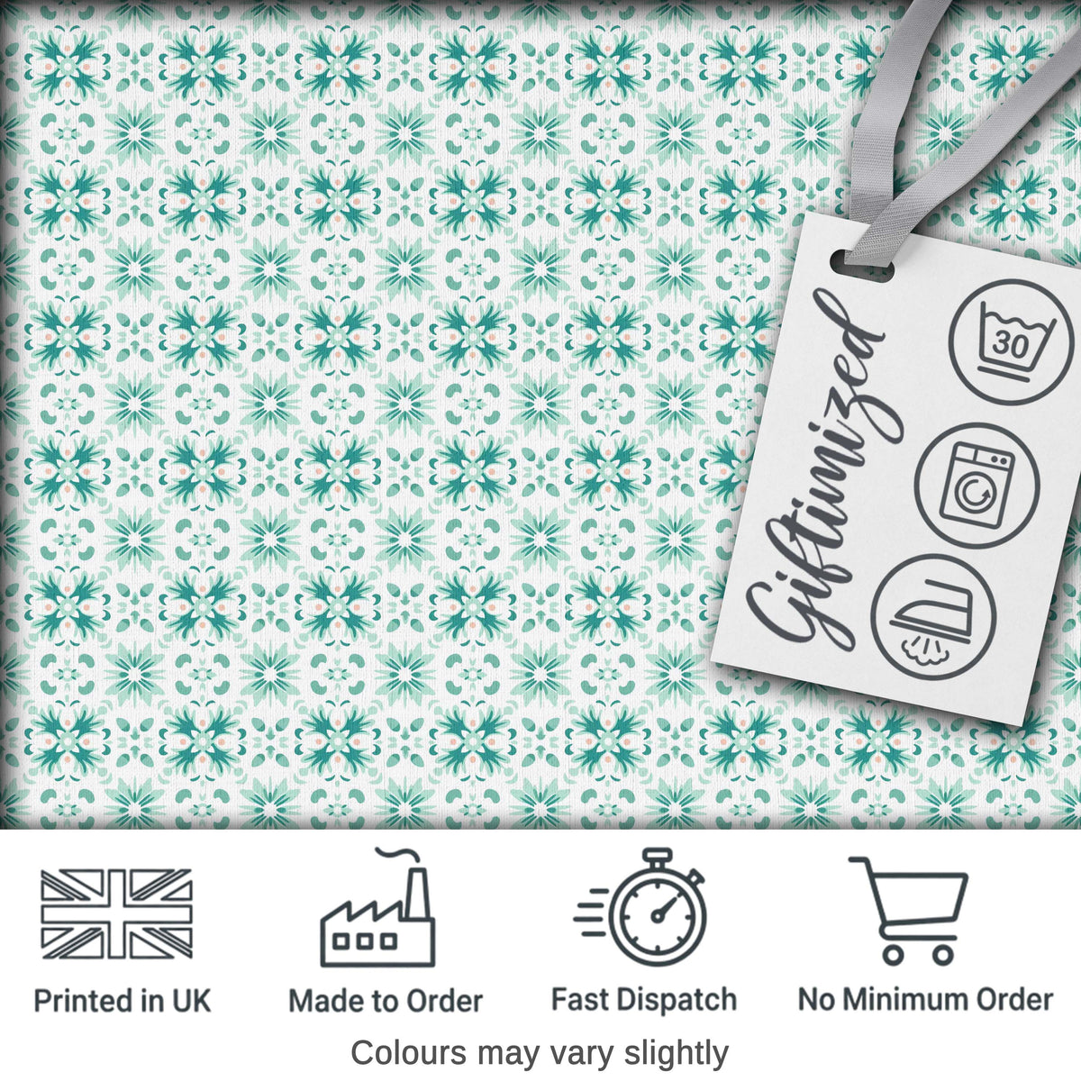 Teal Geometric Floral Seamless Pattern Decorative Symmetric Tile Design Digital Print Fabric by the Metre UK Sewing Quilting Textile