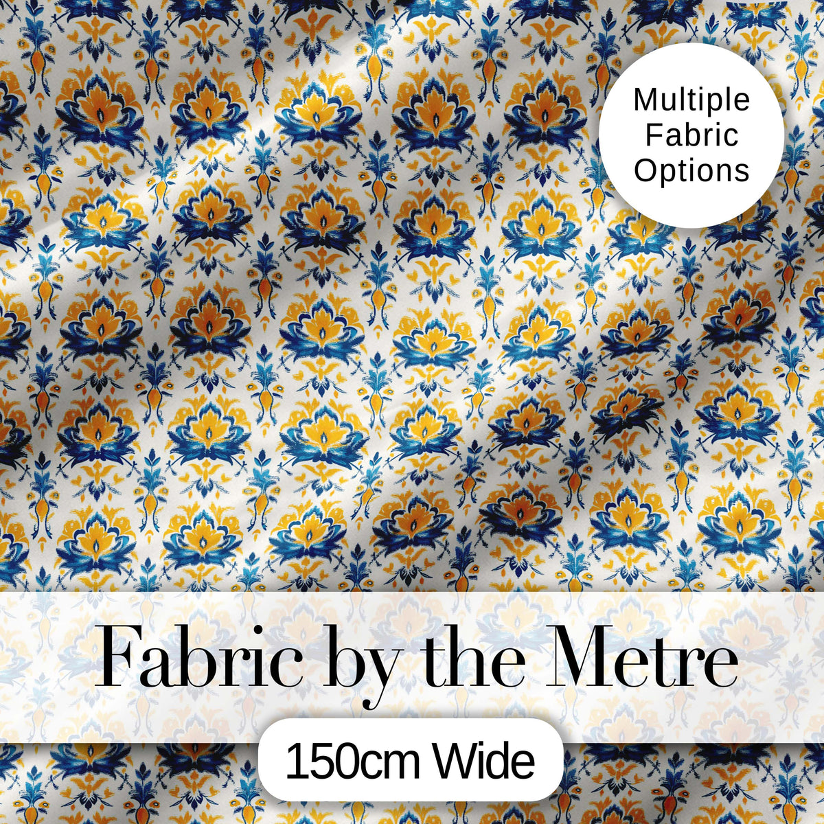 Blue Yellow Ornamental Floral Tile Seamless Pattern Vintage Ceramic Style Digital Print Fabric by the Metre UK Sewing Quilting Textile