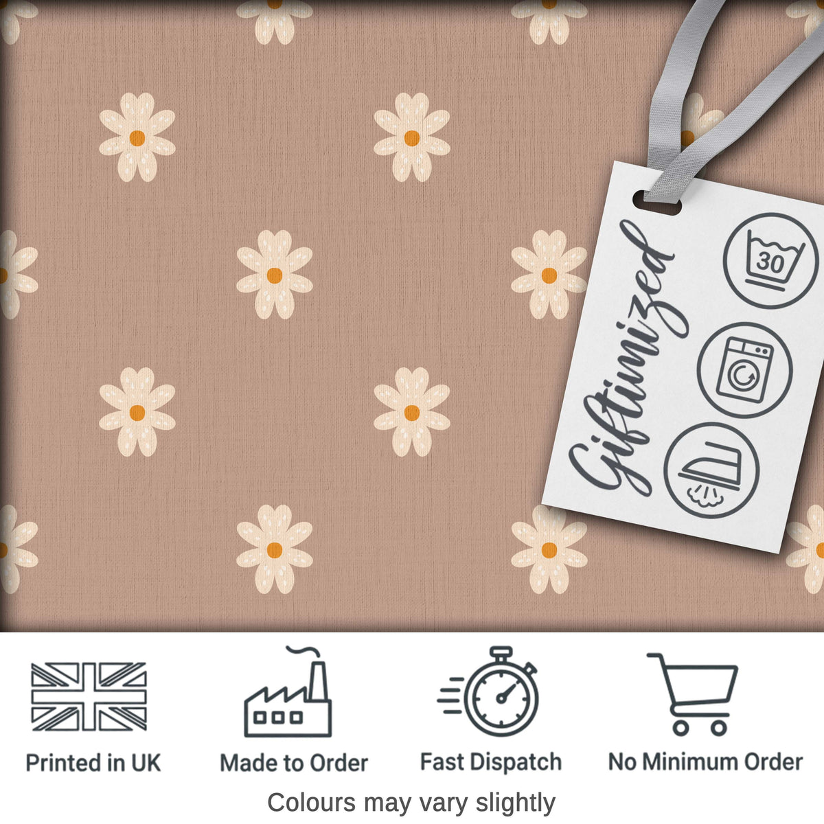 Simple Daisy Flower Seamless Pattern Warm Taupe Background Minimal Design Digital Print Fabric by the Metre UK Sewing Quilting Textile
