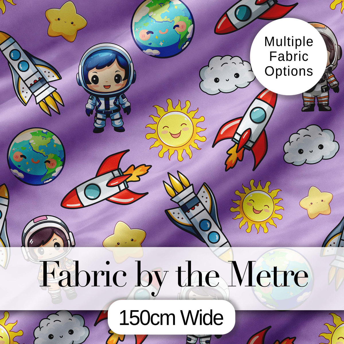 Cute Kids Space Rockets Astronaut Seamless Pattern Purple Background Fun Design Digital Print Fabric by the Metre UK Sewing Quilting Textile
