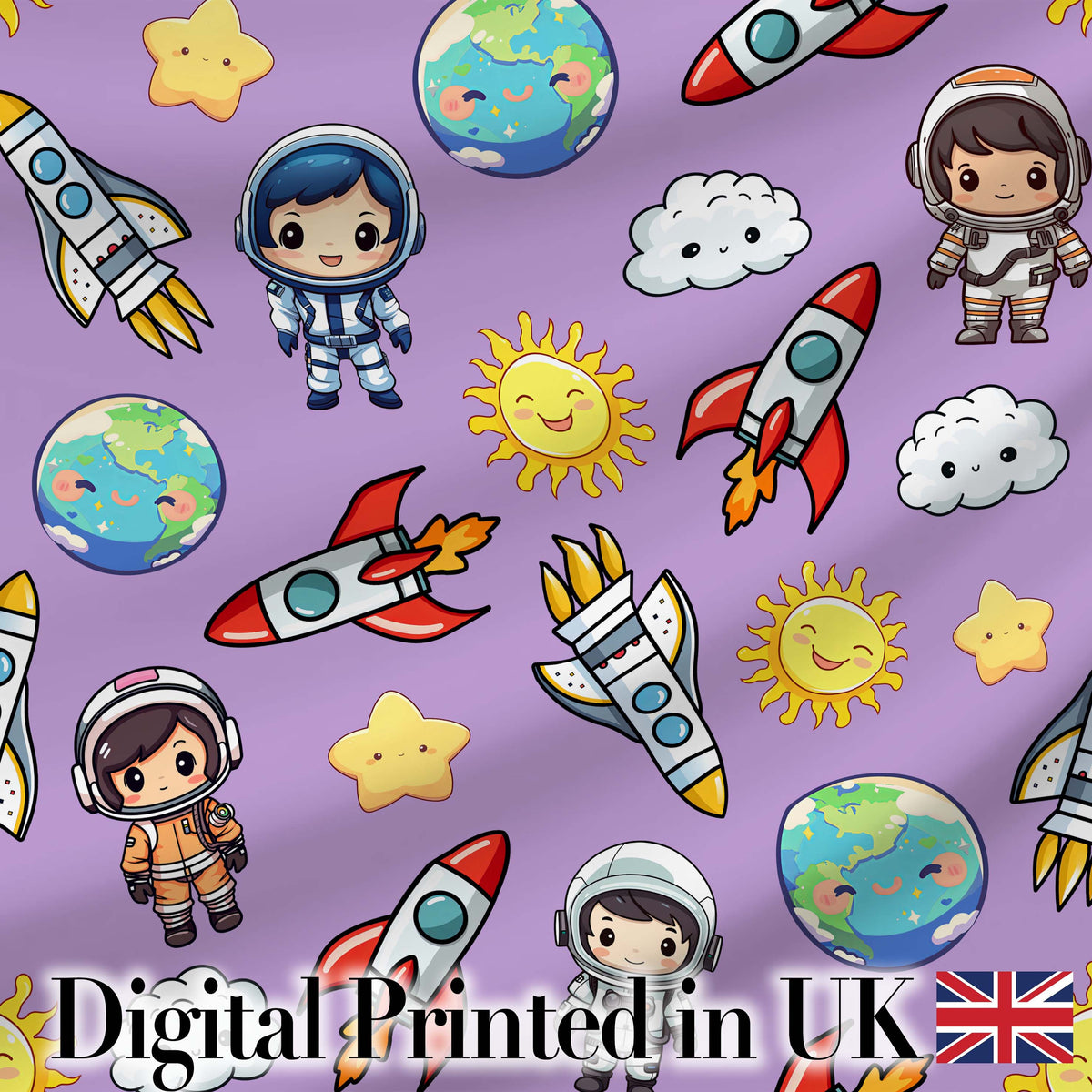 Cute Kids Space Rockets Astronaut Seamless Pattern Purple Background Fun Design Digital Print Fabric by the Metre UK Sewing Quilting Textile