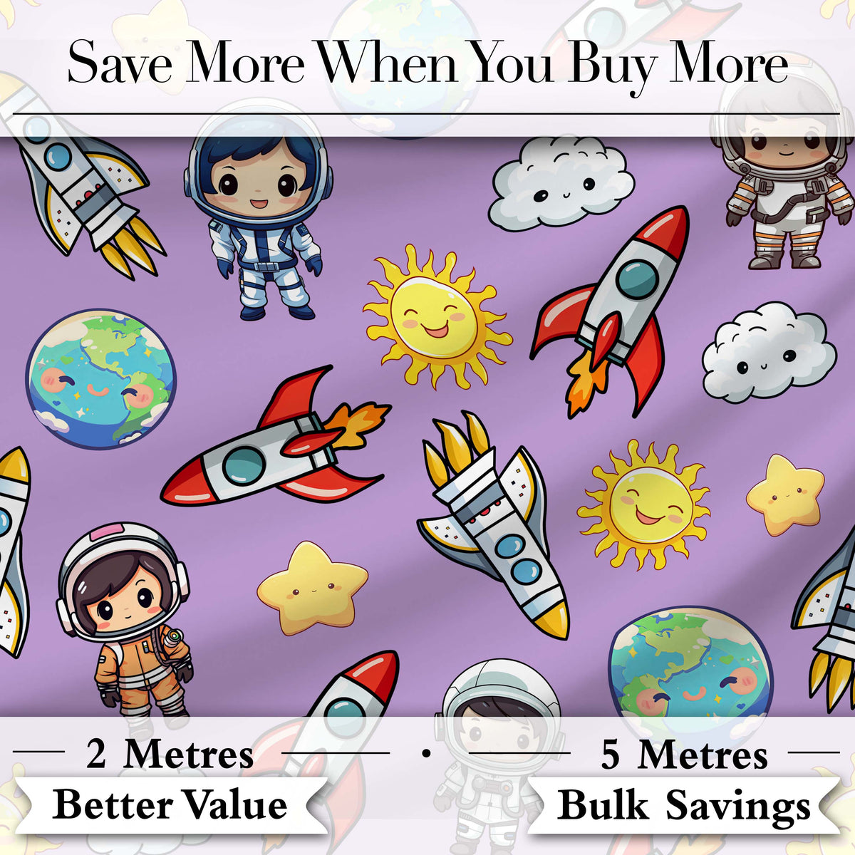 Cute Kids Space Rockets Astronaut Seamless Pattern Purple Background Fun Design Digital Print Fabric by the Metre UK Sewing Quilting Textile