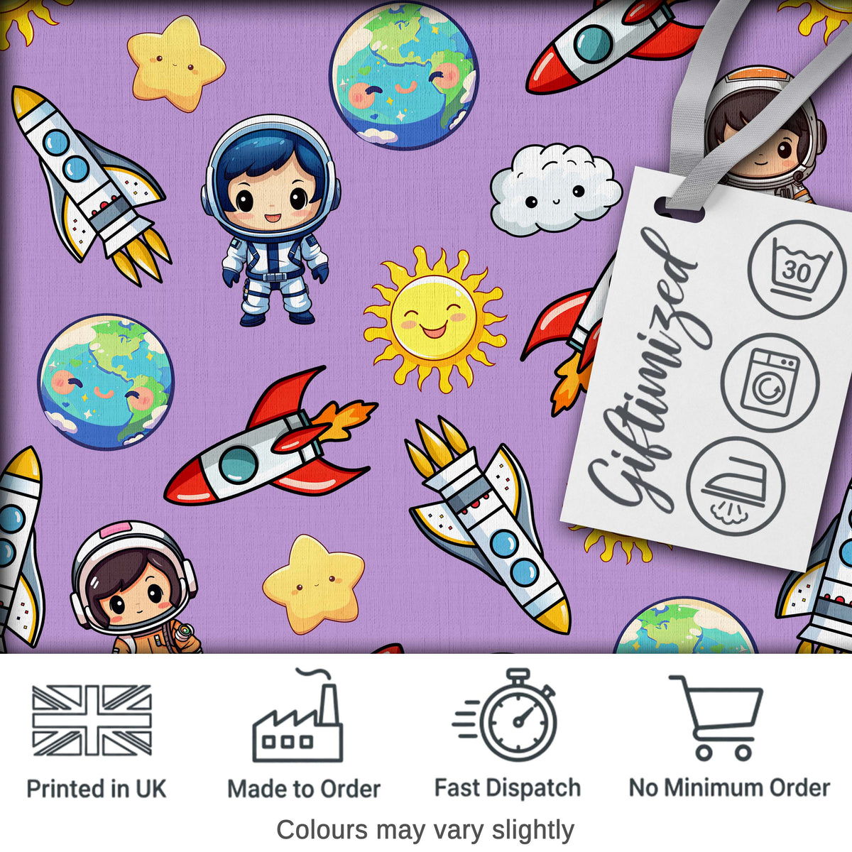 Cute Kids Space Rockets Astronaut Seamless Pattern Purple Background Fun Design Digital Print Fabric by the Metre UK Sewing Quilting Textile