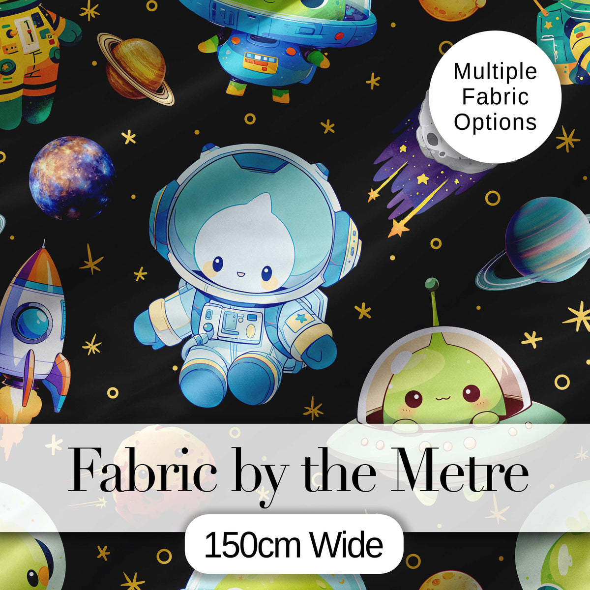 Space Astronaut Alien UFO Seamless Black Background Fun Kids Design Digital Print Fabric by the Metre UK Sewing Quilting Textile