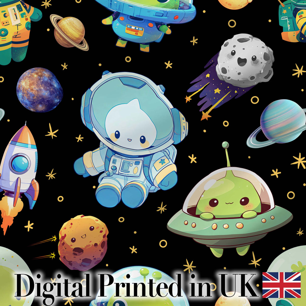 Space Astronaut Alien UFO Seamless Black Background Fun Kids Design Digital Print Fabric by the Metre UK Sewing Quilting Textile