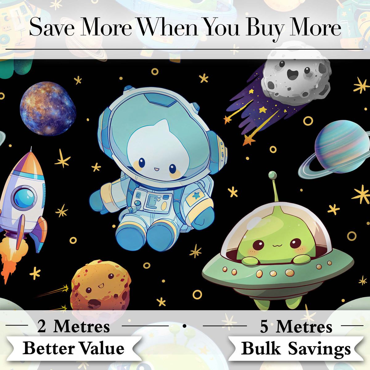Space Astronaut Alien UFO Seamless Black Background Fun Kids Design Digital Print Fabric by the Metre UK Sewing Quilting Textile