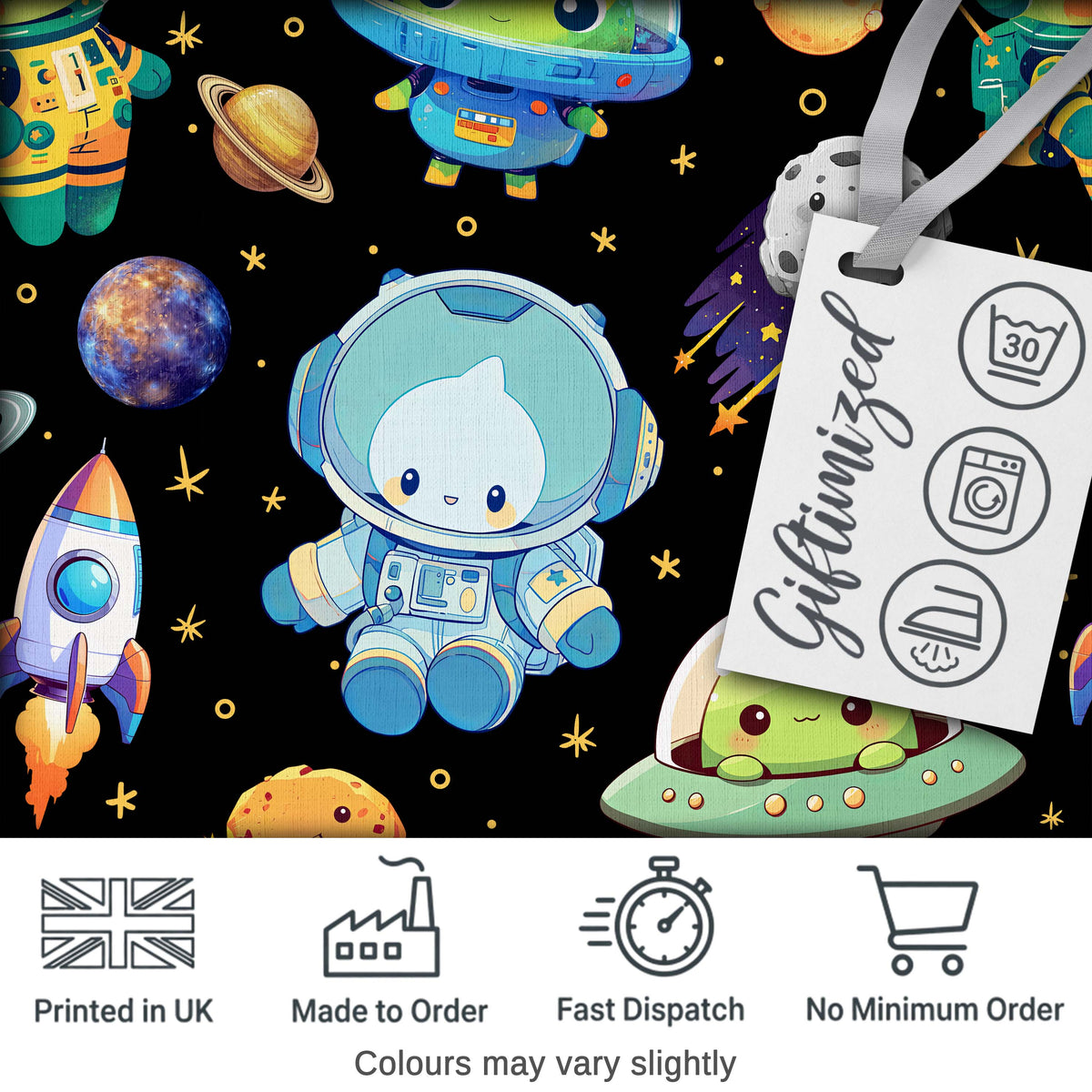 Space Astronaut Alien UFO Seamless Black Background Fun Kids Design Digital Print Fabric by the Metre UK Sewing Quilting Textile